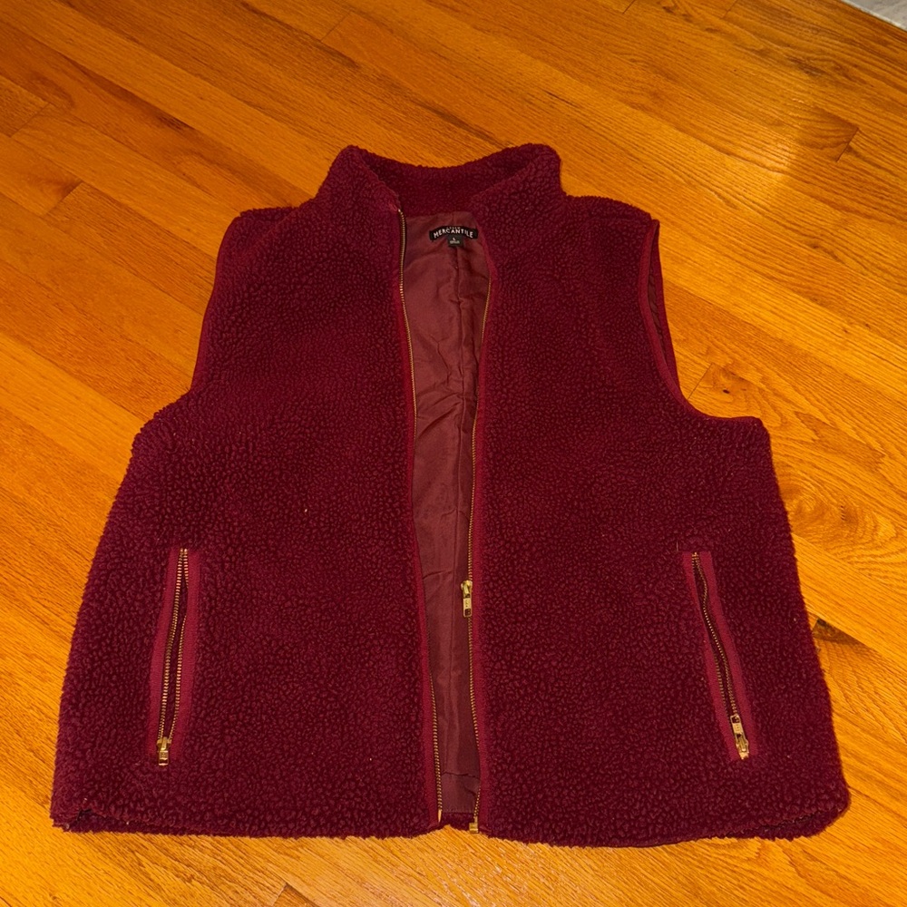 J Crew Factory Deep Red Sherpa Vest with Gold Zipper Details